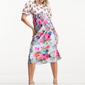 Hope & Ivy Maternity Pink Floral Midi Satin Dress